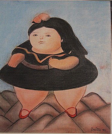 Fernando Botero - La Pequeña Maria: Fernando Botero "La Pequeña Maria" pastel on paper circa.1991, private collection Approx. 48x33cm. Fernando Botero is a Colombian artist known for creating bloated, oversized depictions of people, an