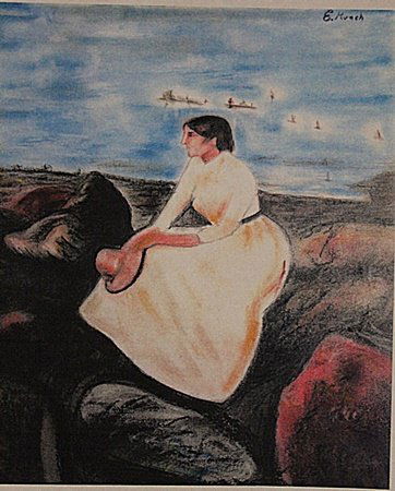 Edvard Munch - Melancholy: In the manner of Edvard Munch "Melancholy" pastel on paper circa. 1910, private collection approx. 19x14in. Edvard Munch was a prolific yet perpetually troubled artist preoccupied with matters of huma