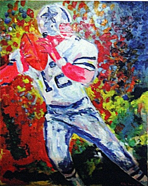 Leroy Neiman - The Player: Oil on canvas Leroy Neiman "The Player", circa 1977, signed private collection, unframed dimensions approximately 32x24. LeRoy Neiman (born Leroy Leslie Runquist, June 8, 1921 – June 20, 2012) was a