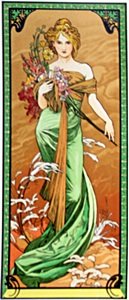 The Season: Spring - Lithograph by Alphonse Mucha: Limited Edition, Signed in Plate, Mucha Foundation Edition 1 out of a Total edition of 35 Individually Pencil Numbered Lithographs, Comes with the Foundrey Mark for the Mucha Foundation, (Lower Left C