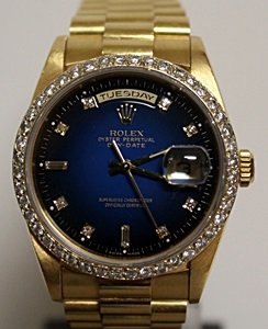 All Original - Presidential Blue Face Rolex: All Original, 18Kt Gold, Presidential Blue Face Rolex Wrist Watch, Oyster Perpetual Day-Date, Offically Certified Superlative Chronometer 8385