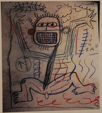 Jean Michel-Basquiat- Untitled: In the Manner of Jean Michel-Basquiat "Untitled" oil on paper circa 1976, private collection approx. 19x14in. Basquiat often incorporated words into his paintings. Before his career as a painter began