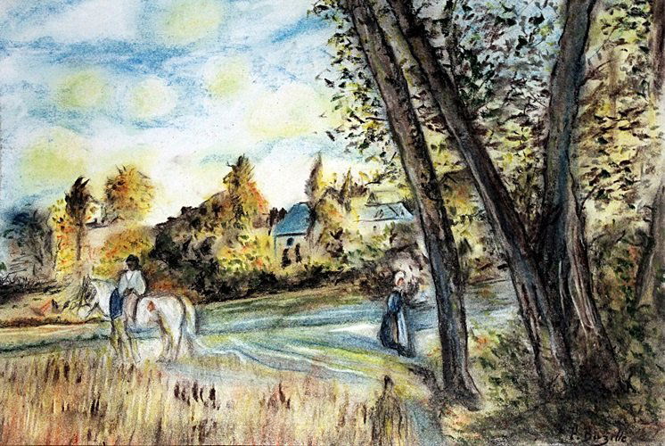 View of the Village - Pastel Drawing - Frederic Bazille: Pastel Drawing on Paper, bears a signature, Size Approx. 19 x 13 Inches