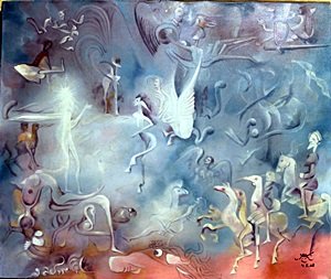 Personajes Angelicales - Oil Painting - Robertta Matta: Oil Painting on Canvas, bears a signature in the manner of the artist, 4.5.1968. Approximate Size 23" x 20" Inches . Provenance: Private Collection