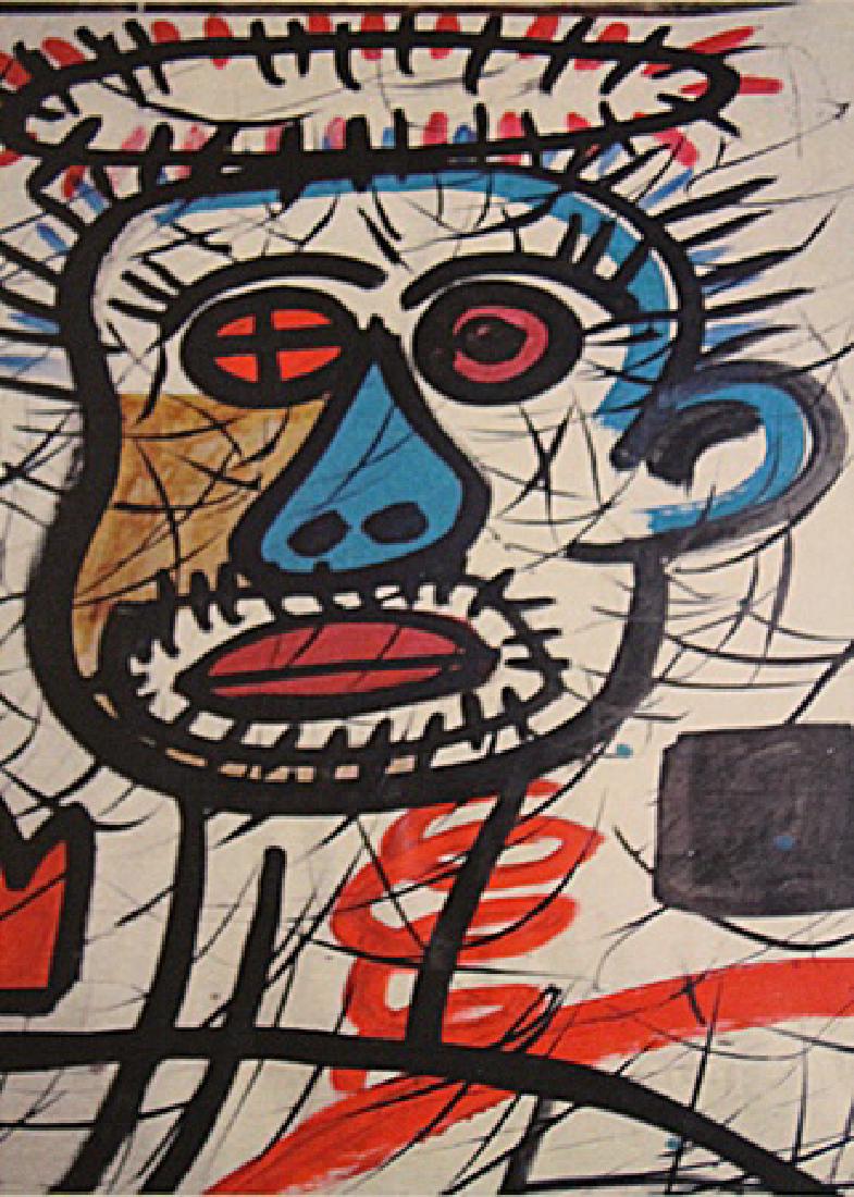 Jean Michel-Basquiat- Untitled: In the Manner of Jean Michel-Basquiat "Untitled" oil on paper circa 1980, private collection approx. 19x14in. Basquiat often incorporated words into his paintings. Before his career as a painter began