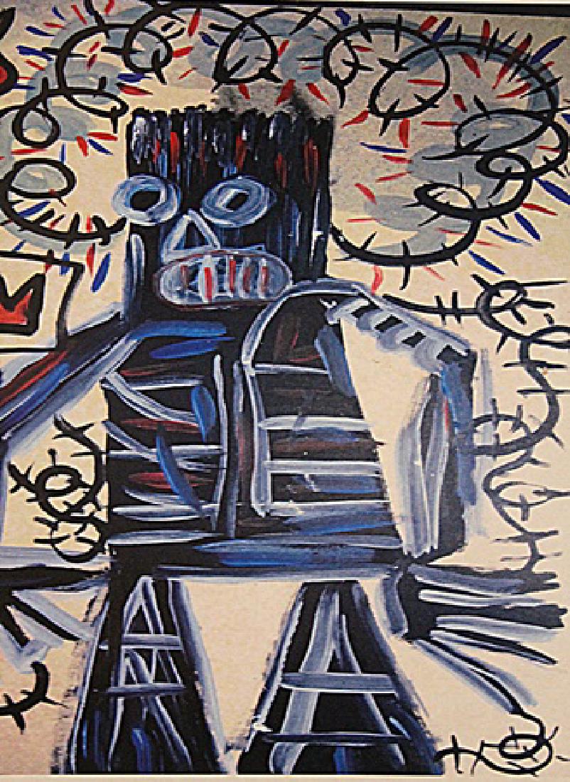 Jean Michel-Basquiat- Untitled: In the Manner of Jean Michel-Basquiat "Untitled" oil on paper circa 1979, private collection approx. 19x14in. Basquiat often incorporated words into his paintings. Before his career as a painter began