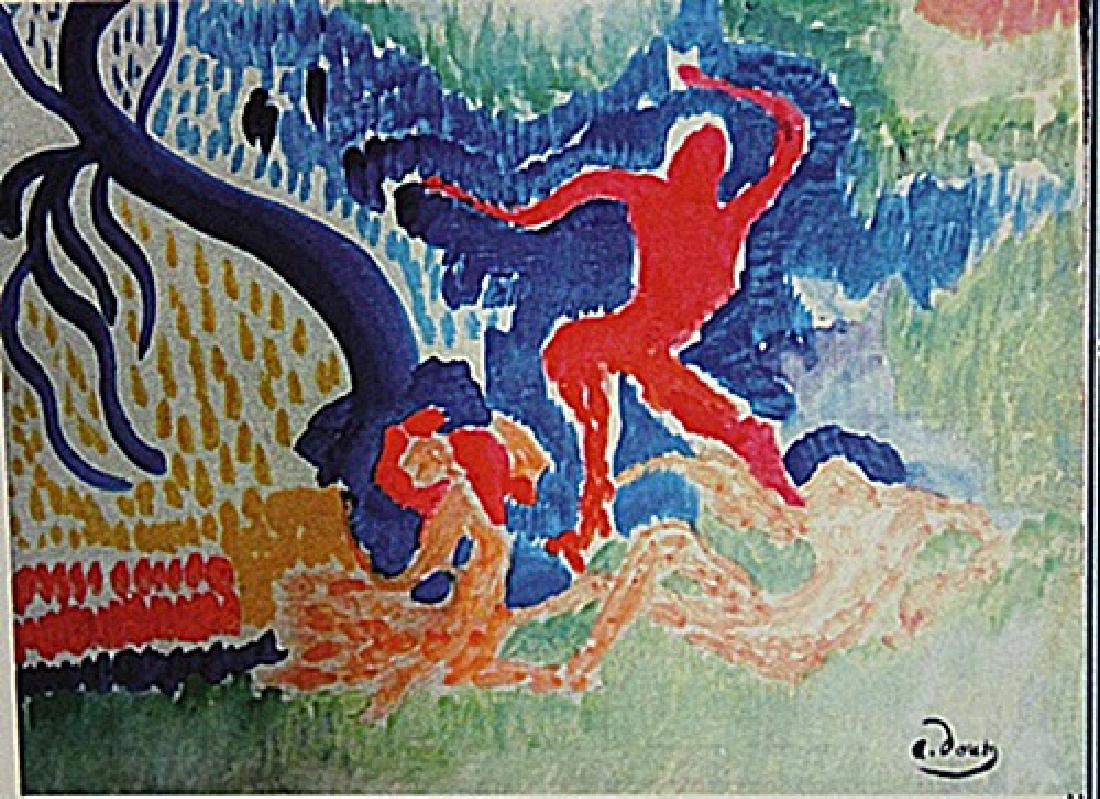 Andre Derain - Characters on the Forest: Oil on paper in the manner of Andre Derain "Characters on the Forest" circa 1937, private collection, unframed dimensions approximately 17x12. André Derain was a French artist, painter, sculptor and