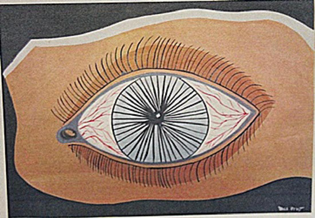 Max Ernst - The Eye: in the manner of Max Ernst "The Eye" oil on paper circa.1966, private collection approx. 16x11in. German-born Max Ernst was a provocateur, a shocking and innovative artist who mined his unconscious fo