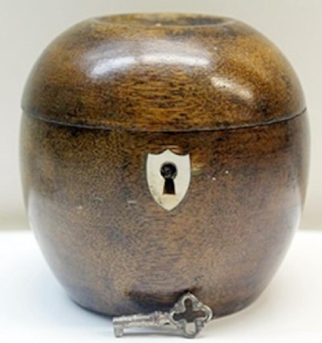 Hand Carved Antique Wood Apple LockBox w/ Key: Hand Carved, Antique Wood, Apple Shaped, Lockbox with Skeleton Key, Gilded metalwork hinges, and mechanically working Lock, (Missing (1) one small nail & apple stem,) Size Approx. 5 1/2" x 3 1/2" x 3 