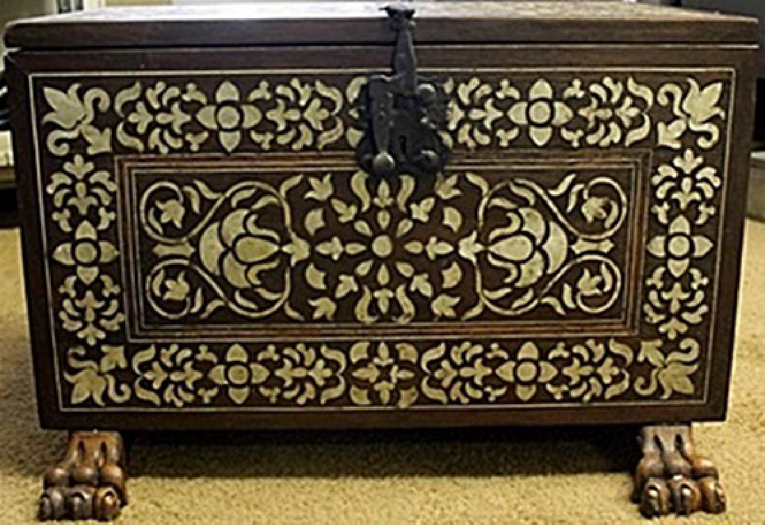 Hand Carved Antique Peruvian Cabinet of Mother Pearl: Circa 1780's - This Spanish Colonial South American Cabinet is inlaid with mother-of-pearl (a technique known as enconchado) in a design of flowers and leaves, with gilded metalwork hinges and escutch