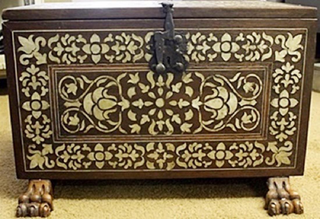 Hand Carved Antique Peruvian Cabinet of Mother Pearl: Circa 1780's - This Spanish Colonial South American Cabinet is inlaid with mother-of-pearl (a technique known as enconchado) in a design of flowers and leaves, with gilded metalwork hinges and escutch