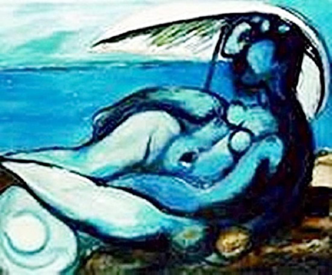 Reclining nude at beach-Collection Domaine Picasso: Signed from the Collection Domaine Picasso, Pablo Picasso was a Spanish painter, sculptor, printmaker, ceramicist, and stage designer who spent most of his adult life in France. As one of the greatest