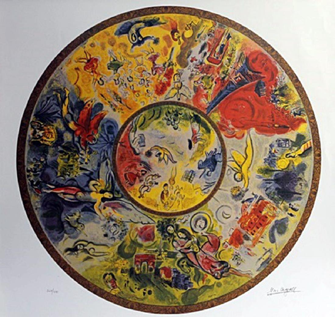 Lithograph "Paris Opera Ceiling" By Marc Chagall: Lithograph "Paris Opera Ceiling" By Marc Chagall, Signed by the Artist, Limited Edition, Size Approx. 26 x 26 In. Marc Zakharovich Chagall (July 6th 1887 – March 28th 1985) "The quintessential Jewis