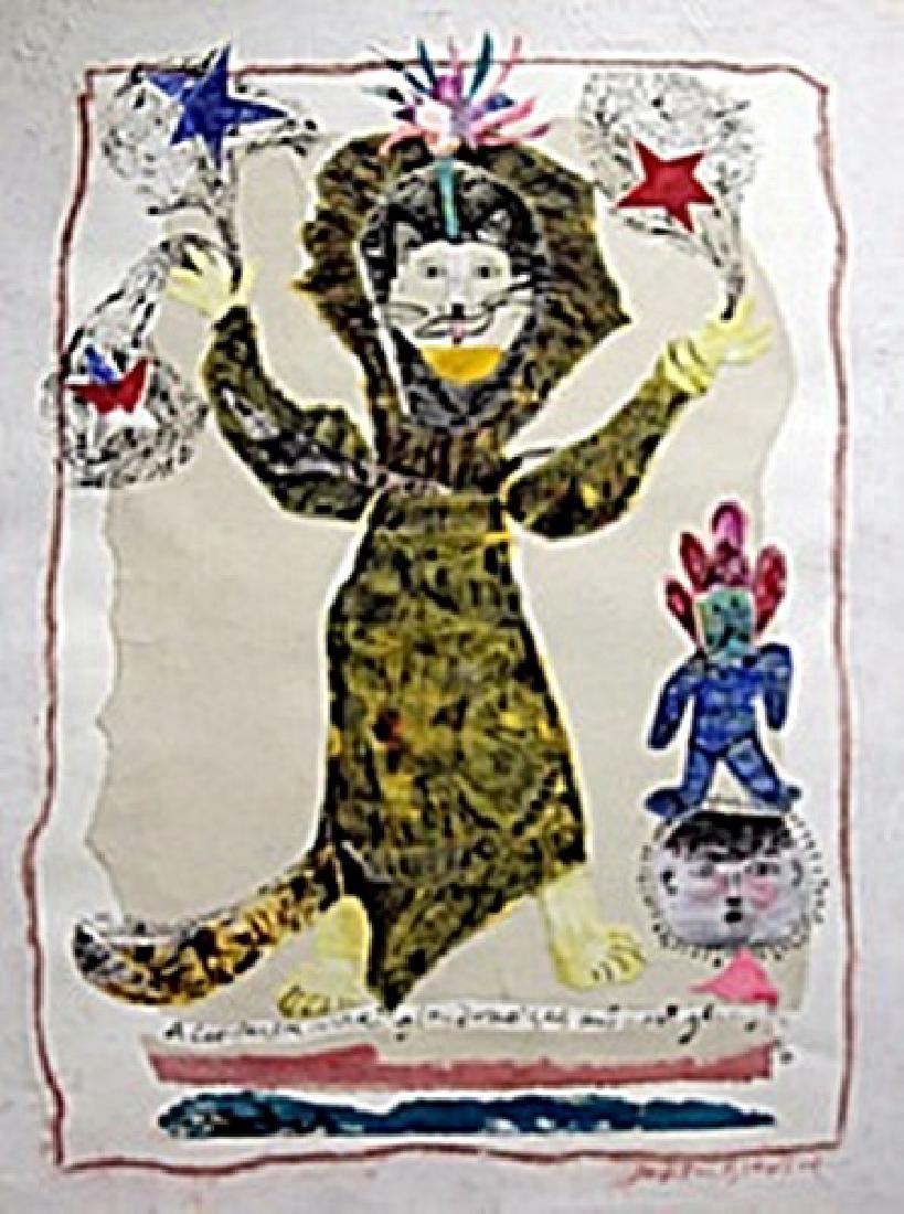 The Cat Person - Painting by Judith Bledsoe: Mixed Media Painting on Paper, in the manner of Judith Bledsoe bearing the signature; unframed Approximate Size: Approximate Size: 32” x 24” Inches