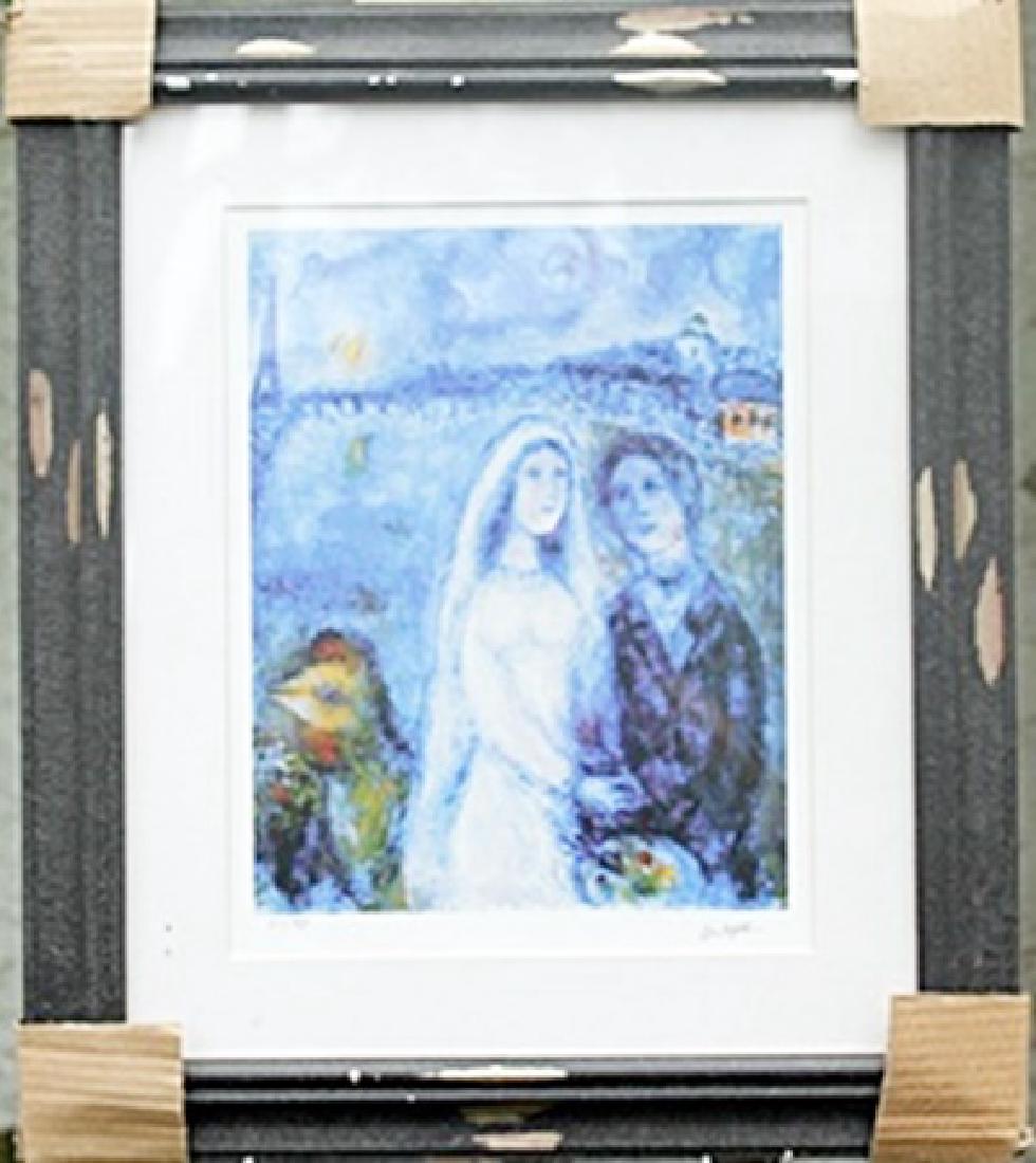 "Newlyweds with Eifel Tower" Marc Chagall: Framed, Limited Edition, authentic lithograph , signed, Approximately 19 1/2" x 17" In.
