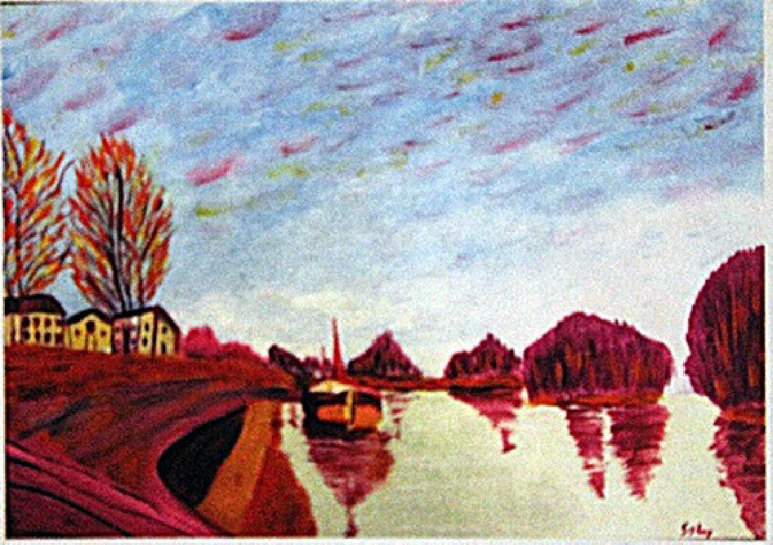 Alfred Sisley - Canal Saint Martin: In the manner of Alfred Sisley "Canal Saint Martin" oil on paper circa. 1890, private collection approx. 16x11in. In the manner of Alfred Sisley was born on October 30, 1839, in Paris, France. The Fra