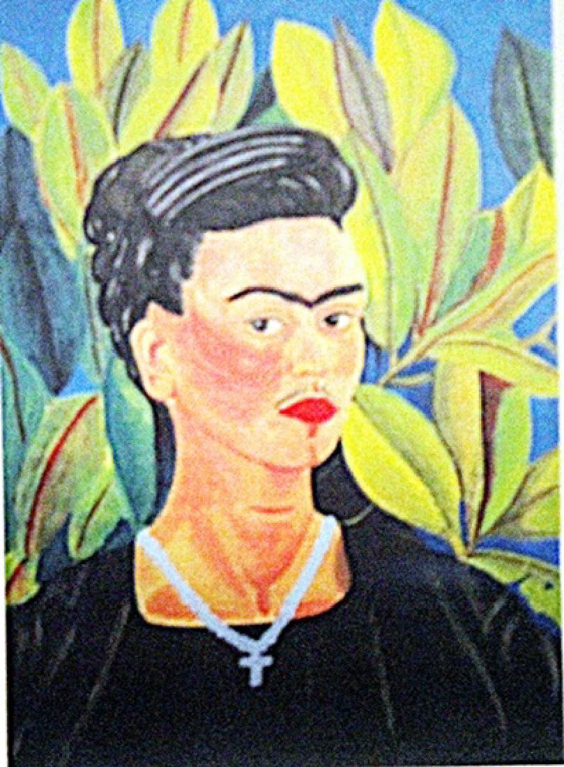 Frida Kahlo - Self Portrait: Oil on paper in the manner of in the manner of Frida Kahlo "Self Portrait", circa 1937, private collection, unframed dimensions approximately 12x17. in the manner of Frida Kahlo, in full in the manner
