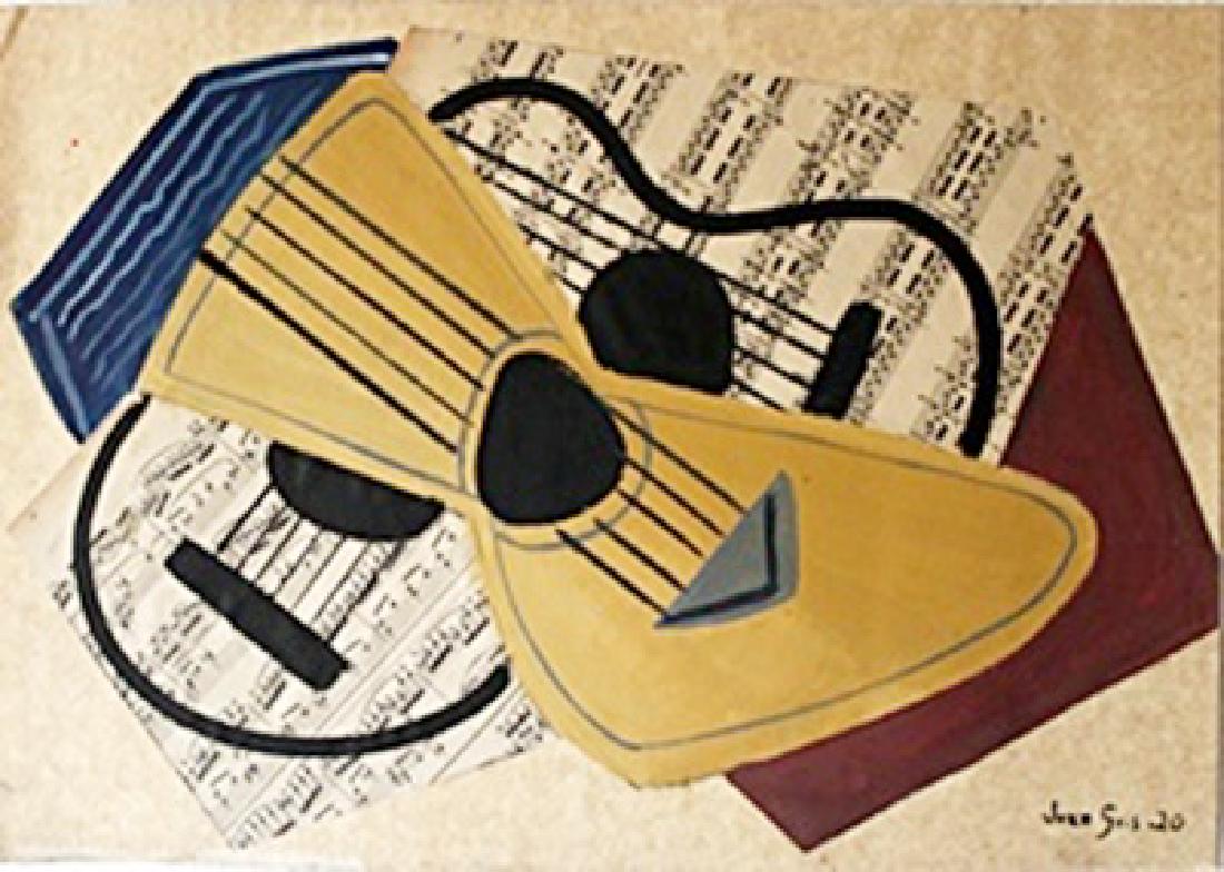 The Guitar II - Mixed Media Oil Painting Collage - Juan: Oil Painting and Mixed Media Collage, bearing the signature, in the manner of Juan Gris. Size Approx. 19" x 14" in.