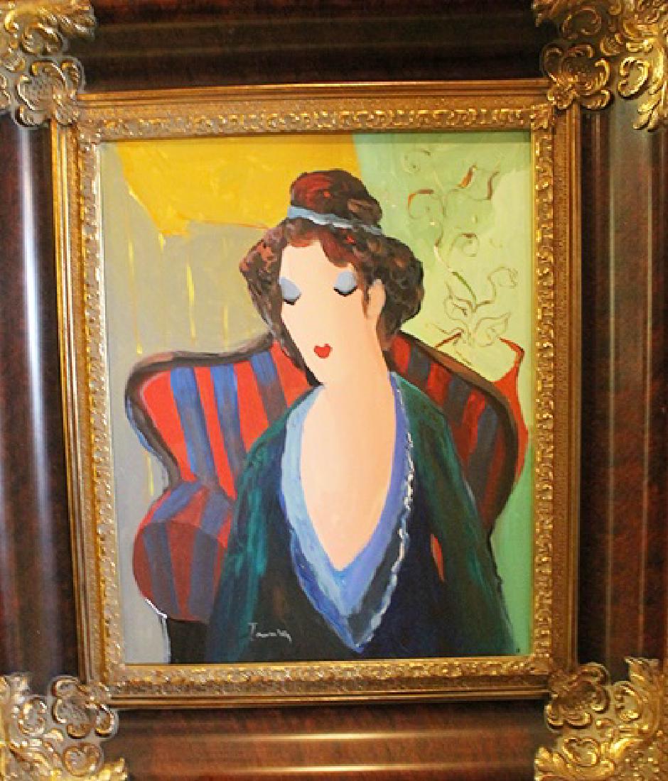 Framed Oil on Canvas Tarkay: Framed Oil on Canvas attributed to Tarkay. Itzchak Tarkay was an Israeli artist. Tarkay was born in 1935 in Subotica, on the Yugoslav-Hungarian border. In 1944, Tarkay and his family were sent to the 