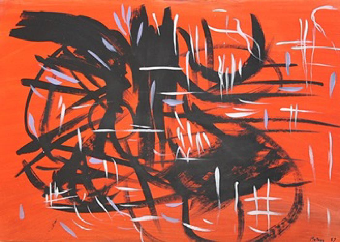 Georges Mathieu - Oil On Paper: Oil on paper by Georges Mathieu, approx. 20x14 in. Georges Mathieu was a French abstract painter, art theorist and member of the Académie des Beaux-Arts in Paris. He is considered one of the fathers