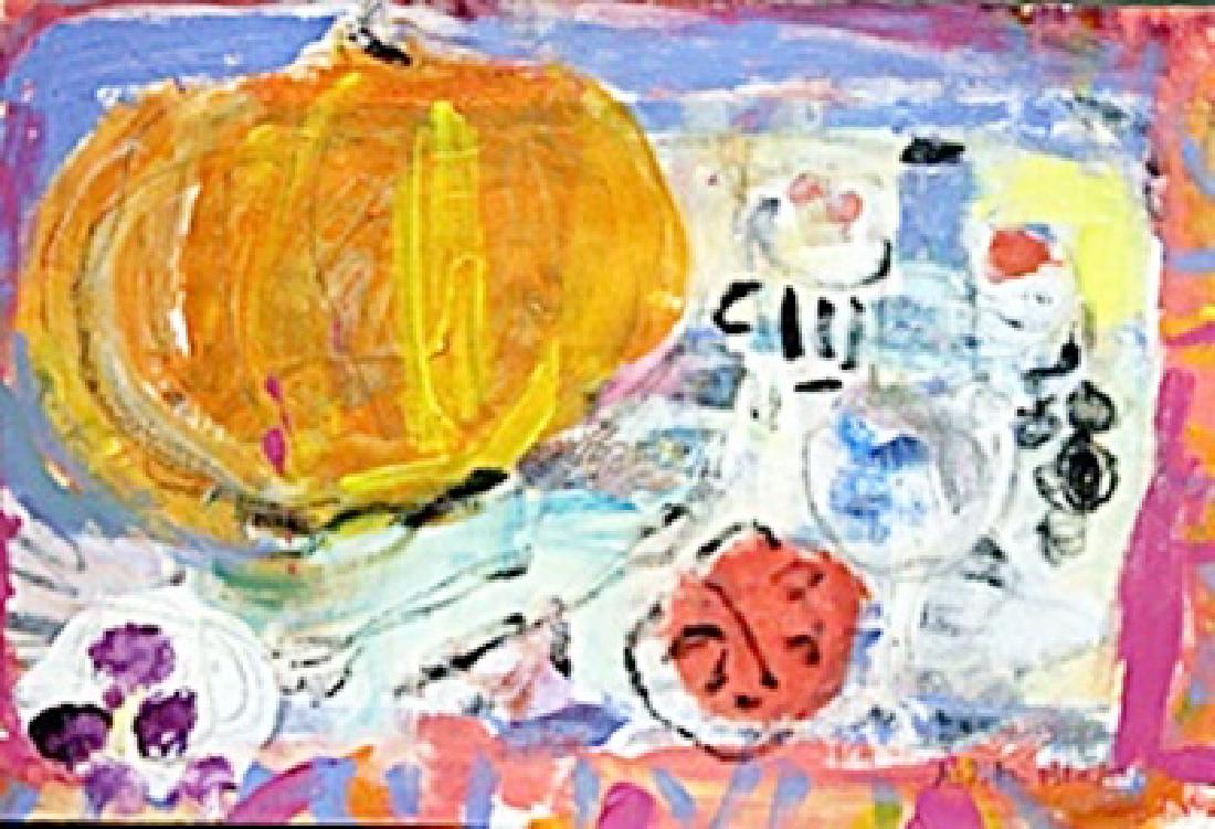 Pumpkin - Hand Signed Painting by Judith Bledsoe: Mixed Media Painting on Paper, in the manner of Judith Bledsoe bearing the signature; unframed Approximate Size: Approximate Size: 10” x 16” Inches