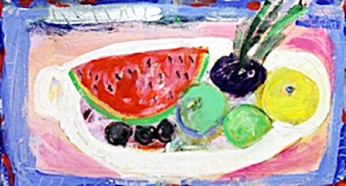 Watermelon on a White Dish - on Canvas by Judith: Mixed Media Painting on Paper, in the manner of Judith Bledsoe bearing the signature; unframed Approximate Size: Approximate Size: 14” x 20” Inches