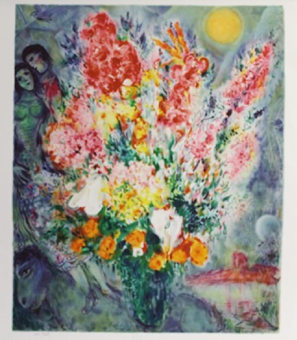 Giclee on Paper "Bouquet" By Marc Chagall: Giclee, "Bouquet" By Marc Chagall, Signed by the Artist, Limited Edition, Sice Aprox. 28 x 22 In. Marc Zakharovich Chagall (July 6th 1887 – March 28th 1985) "The quintessential Jewish artist of the 