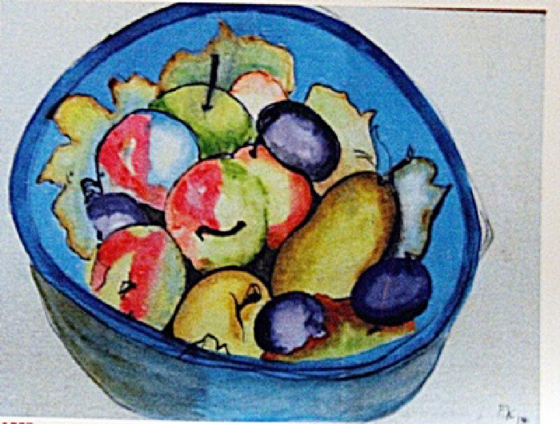 Frida Kahlo - Frutas: Watercolor on paper in the manner of Frida Kahlo "Frutas", circa 1940, private collection, unframed dimensions approximately 12x8. in the manner of Frida Kahlo, in full in the manner of Frida Kahlo de