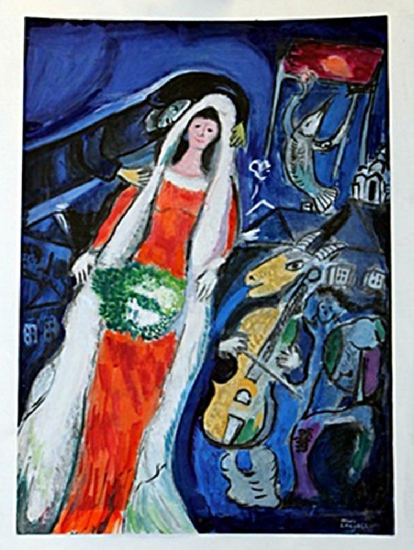 Marc Chagall on Paper: In the manner of Marc Chagall, bearing the signature oil on paper. Unframed dimensions approx 19 x 13