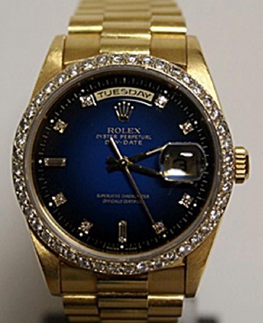 All Original - Presidential Blue Face Rolex: All Original, 18Kt Gold, Presidential Blue Face Rolex Wrist Watch, Oyster Perpetual Day-Date, Offically Certified Superlative Chronometer 8385. Serial number 2138899. Diamond Dial, Diamond Face, Comes