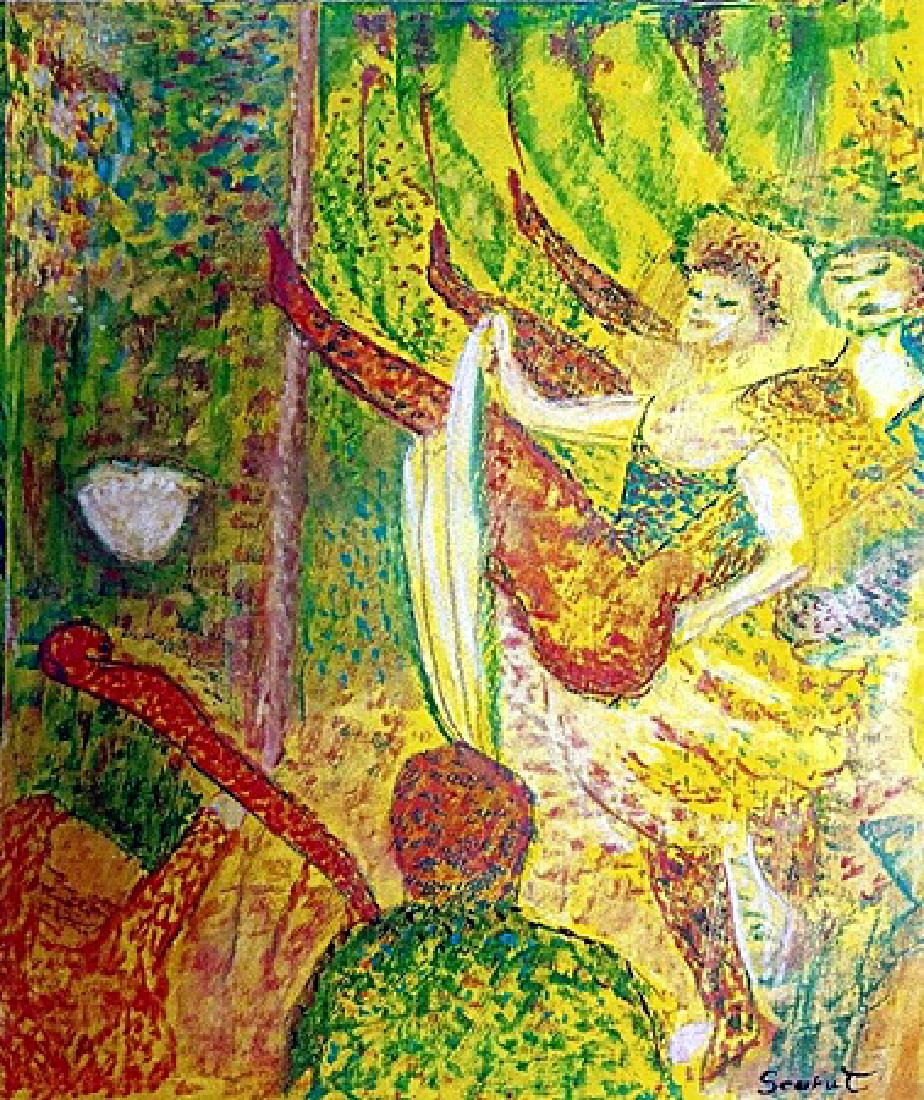 The Dancers - Georges Pierre Seurat - Pastel On Paper: Pastel on paper in the manner of Georges Pierre Seurat, approx. 19x14 in. Georges-Pierre Seurat was a French post-Impressionist painter and draftsman. He is noted for his innovative use of drawing med