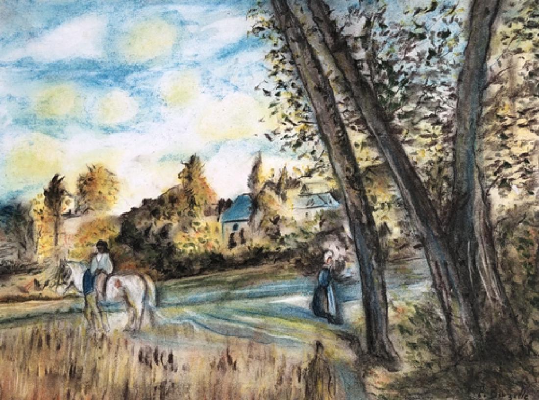 Frederic Bazille - View Of The Village: • Artist: Frederic Bazille (after or the Style Of ) • Title: View Of The Village • Year: 1850 • Dimensions: 19x13 Inches • Medium: Pastel On Paper • Condition: Good