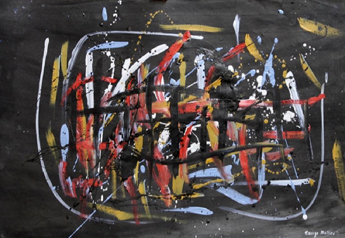 Oil On Paper - in the style of Georges Mathieu: Oil on paper in the style of Georges Mathieu, approx. 19x13 in. Georges Mathieu was a French abstract painter, art theorist and member of the Académie des Beaux-Arts in Paris. He is considered one of