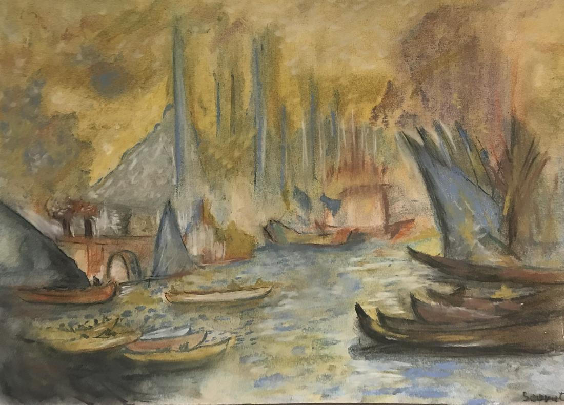 The Channel - in the style of Georges Pierre Seurat -: Pastel on paper in the style of Georges Pierre Seurat, approx. 19x13 in. Georges-Pierre Seurat was a French post-Impressionist painter and draftsman. He is noted for his innovative use of drawing medi