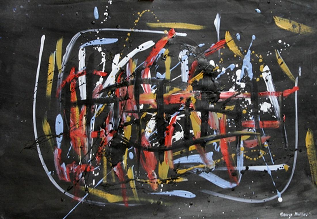 Oil On Paper - in the style of Georges Mathieu: Oil on paper in the style of Georges Mathieu, approx. 19x13 in. Georges Mathieu was a French abstract painter, art theorist and member of the Académie des Beaux-Arts in Paris. He is considered one of