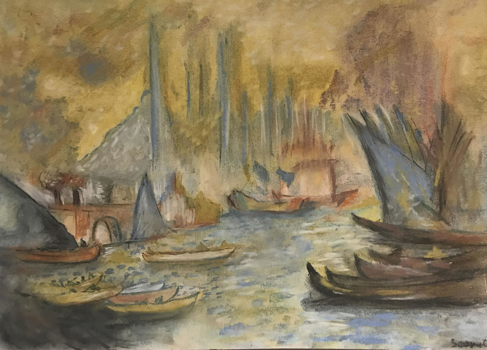 The Channel - in the style of Georges Pierre Seurat -: Pastel on paper in the style of Georges Pierre Seurat, approx. 19x13 in. Georges-Pierre Seurat was a French post-Impressionist painter and draftsman. He is noted for his innovative use of drawing medi