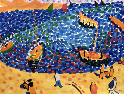 Port Of Collioure - in the style of Andre Derain -: Watercolor in the style of Andre Derain, approx. 17x13 in. André Derain was a French artist, painter, sculptor and co-founder of Fauvism with Henri Matisse.