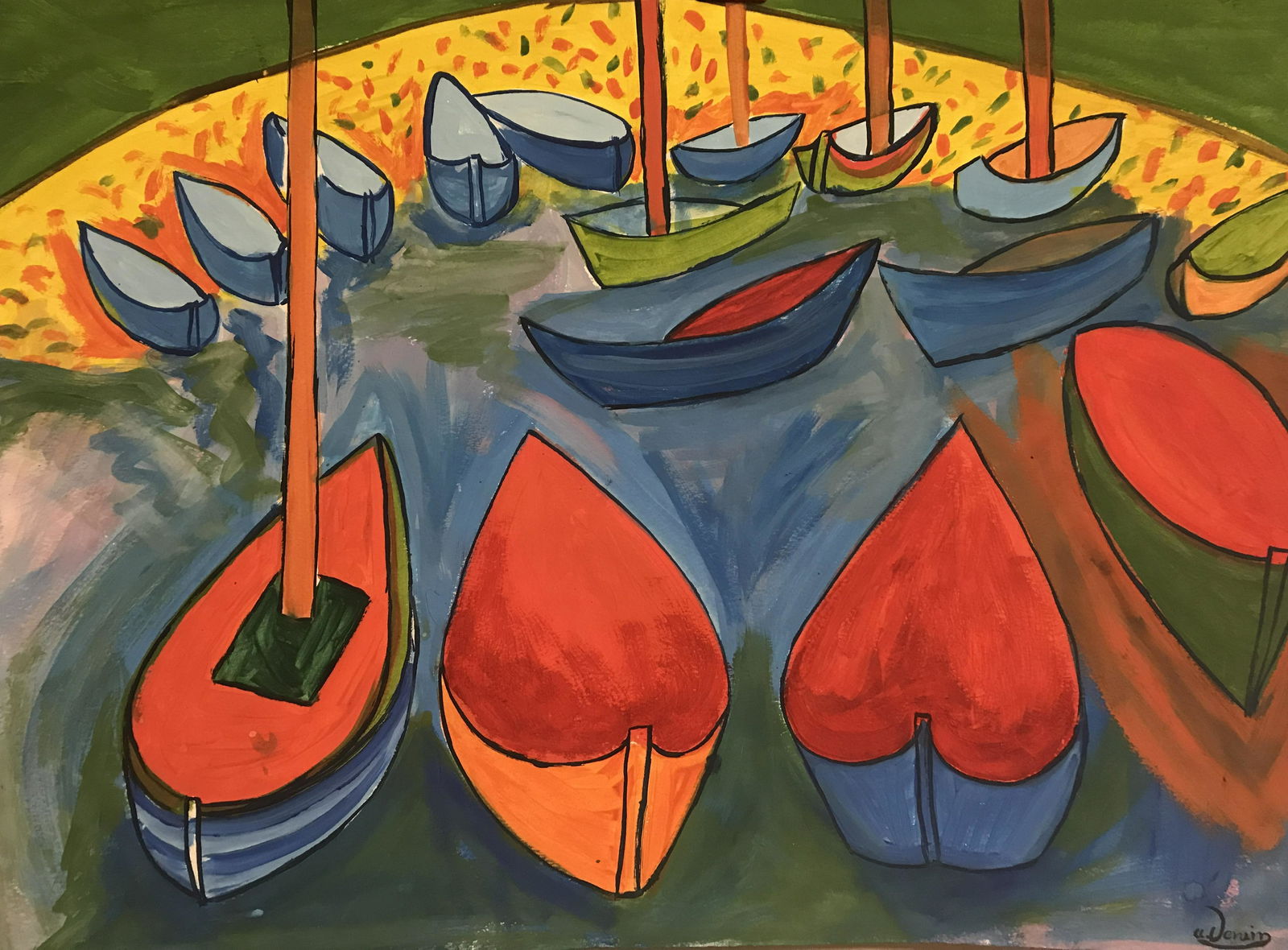Bateaux A Collioure - in the style of Andre Derain -: Watercolor on paper in the style of Andre Derain, approx. 20x14 in. André Derain was a French artist, painter, sculptor and co-founder of Fauvism with Henri Matisse.