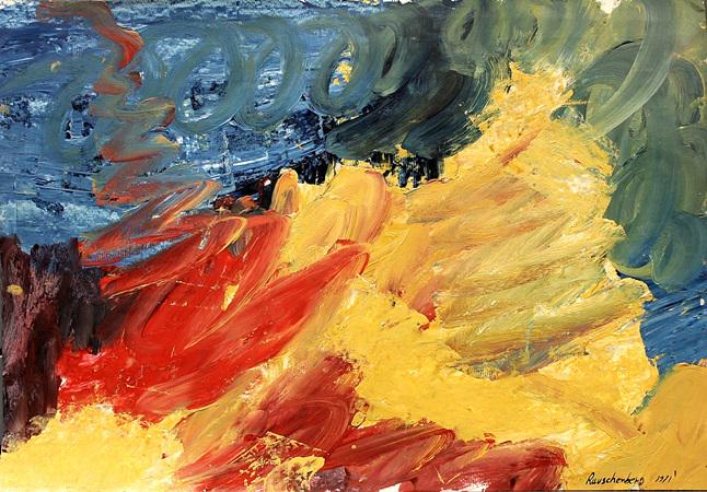 Robert Rauschenberg in the style of - Oil On Paper: Oil on paper in the style of Robert Rauschenberg, approx. 20x14 in. Milton Ernest "Robert" Rauschenberg was an American painter and graphic artist whose early works anticipated the pop art movement.