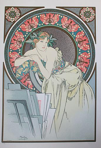 Woman with Poppies by Alphonse Mucha: • Artist: Alphonse Mucha • Title: Woman with Poppies • Dimensions: Approx. 27x20 Inches • Medium: Lithograph "After" in our opinion a copy or after cast of work by the artist