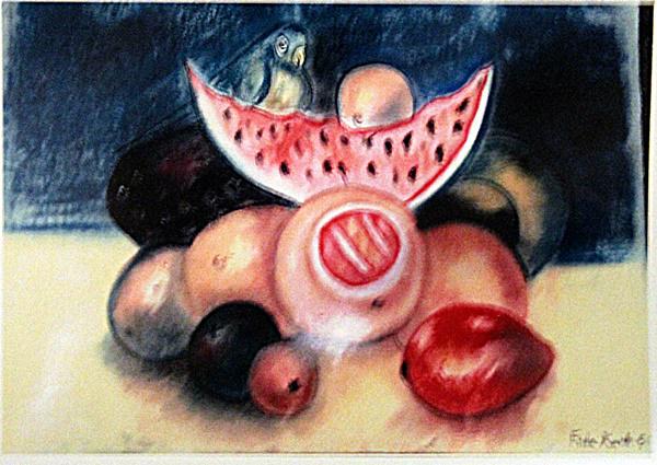 Frida Kahlo in the syle of Still Life: Pastel on paper in the style of Frida Kahlo "Still Life", circa 1950, , unframed dimensions approximately 20x14. in the style of Frida Kahlo, in full in the style of Frida Kahlo de Rivera, original na
