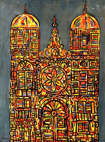 In they style of Rene Portocarrero - The Church - Oil: Oil on canvas, in the style of Rene Portocarrero "The Church" approx. 24x32 in. René Portocarrero was a Cuban artist recognised internationally for his achievements.