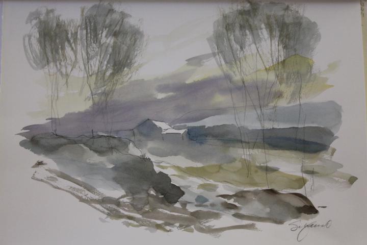 UNTITLED BY MICHAEL SCHOFIELD: ORIGINAL WATERCOLOR ON PAPER, IMAGE SIZE:15X11". Schofield was born in Florida 1947, but his family moved to California that same year. He began to paint and study watercolor in high school. Like most