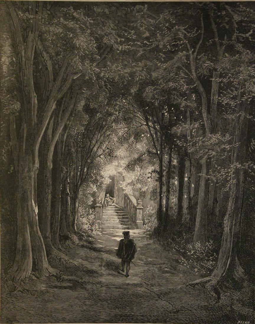 Engraved Plate In the style of G. Dores 145: The approach to the enchanted palace - Plate Bible in the style of Gustave Dore (1832-1883) wood engraved drawing approx. 10x8 in. Paul Gustave Louis Christophe Doré was a French artist, printmaker,