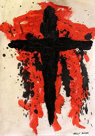 Cross - Arnulf Rainer in the style of - Oil On Paper: Oil on paper in the style of Arnulf Rainer, approx. 19x13 in. Arnulf Rainer, is an Austrian painter noted for his abstract informal art. During his early years, Rainer was influenced by Surrealism. In