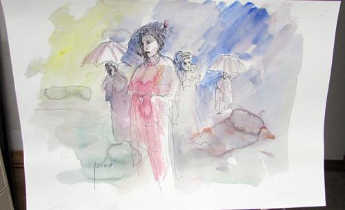 In the style of Pino Watercolor: Watercolor in the style of Pino , unframed dimensions approximately 12x19.