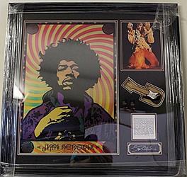 Jimi Hendrix Hologram with Mini Guitar HE5081: Jimi Hendrix with Mini guitar with Laser Matted Signature 33x33 in