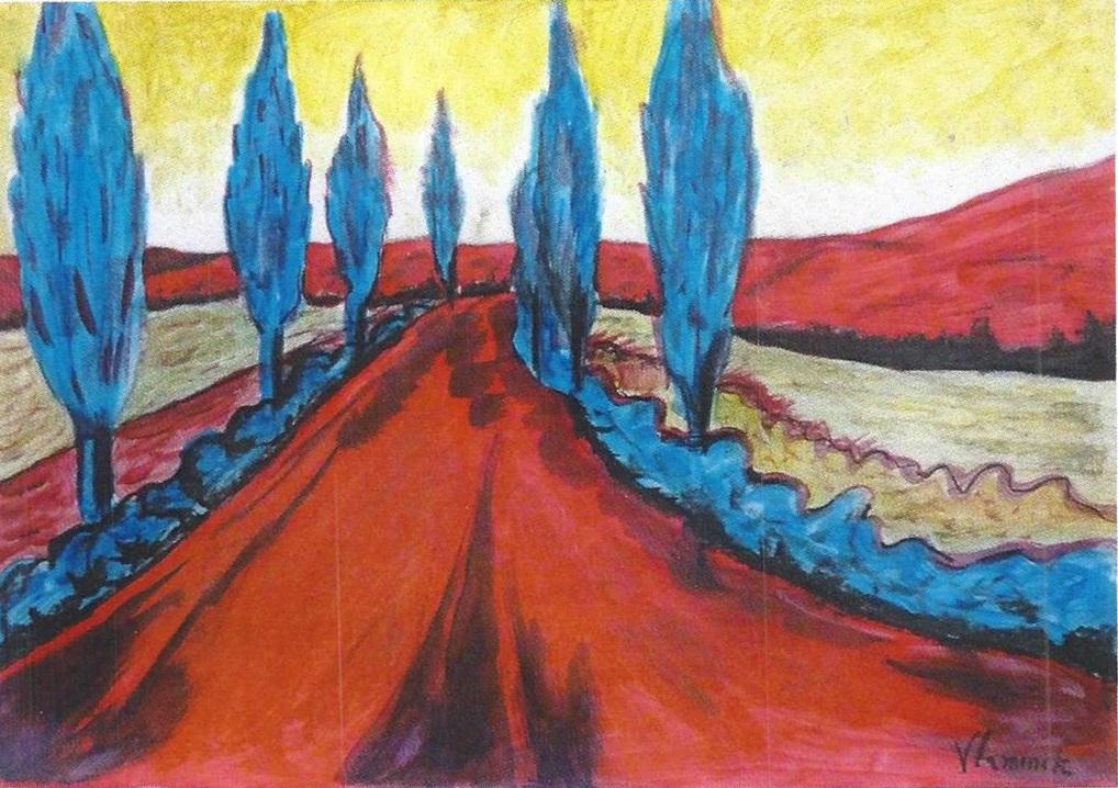 The Red Road - Maurice De Vlaminck In the style of -: Pastel on paper in the style of Maurice De Vlaminck, approx. 20x14 in. Maurice de Vlaminck was a French painter. Along with André Derain and Henri Matisse he is considered one of the principal figure