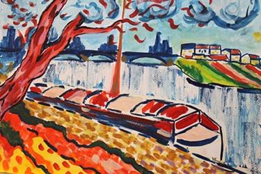 Sailing Boats At Chatou - in the style of Maurice De: Watercolor on paper in the style of Maurice De Vlaminck, approx. 17x12 in. Maurice de Vlaminck was a French painter. Along with André Derain and Henri Matisse he is considered one of the principal fi