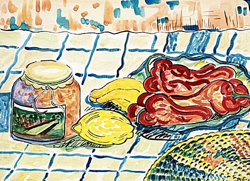 Still Life - in the style of Paul Gauguin - Watercolor: Watercolor in the style of Paul Signac, approx. 17x12 in. Paul Victor Jules Signac was a French Neo-Impressionist painter who, working with Georges Seurat, helped develop the Pointillist style.